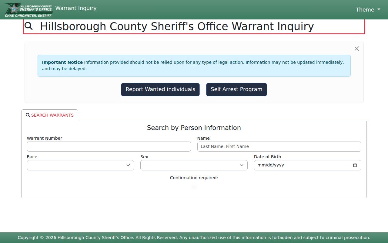 HCSO live warrant inquiry form and disclaimer