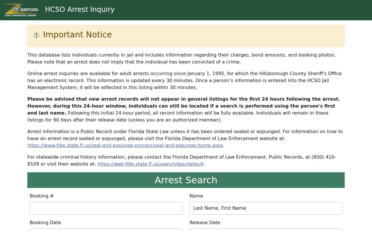 HCSO Arrest Inquiry search fields and booking filter controls