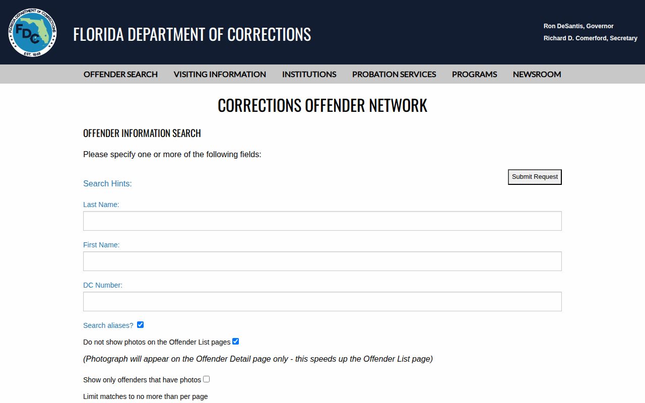 Florida Department of Corrections offender search fields and photo options