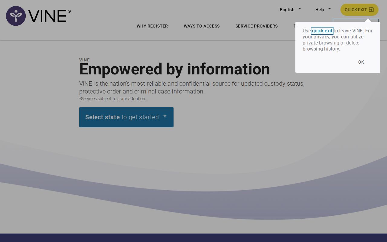 VINELink custody alert registration control and contact options