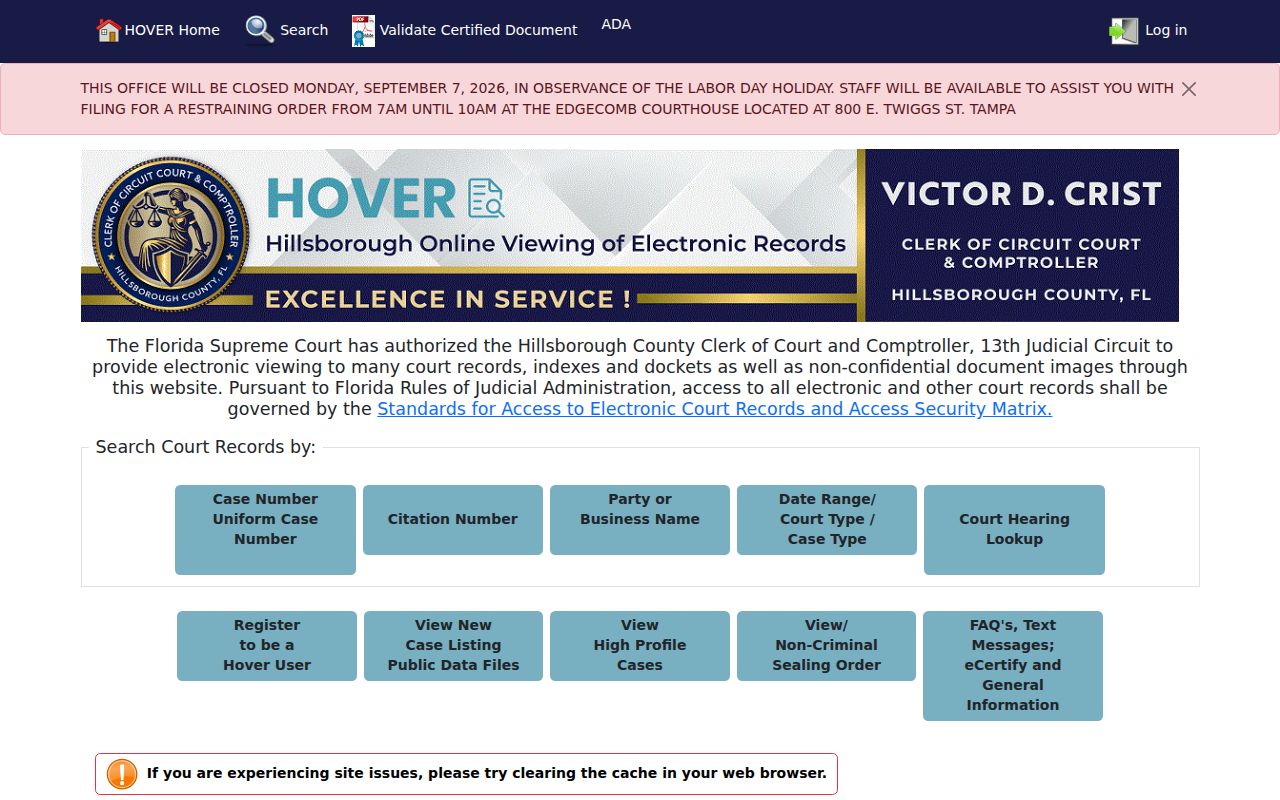 Hillsborough Clerk HOVER search options and access notice