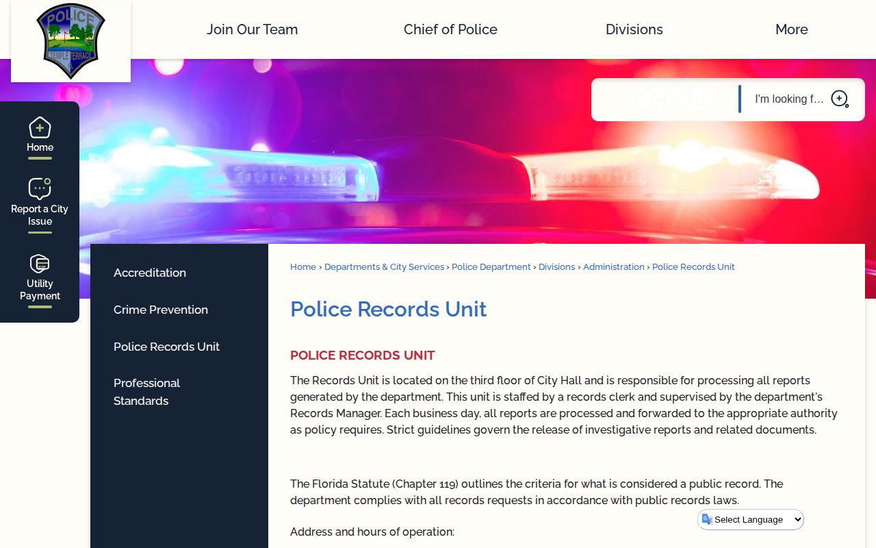 Temple Terrace Police Records Unit page showing address hours phone and copy fee