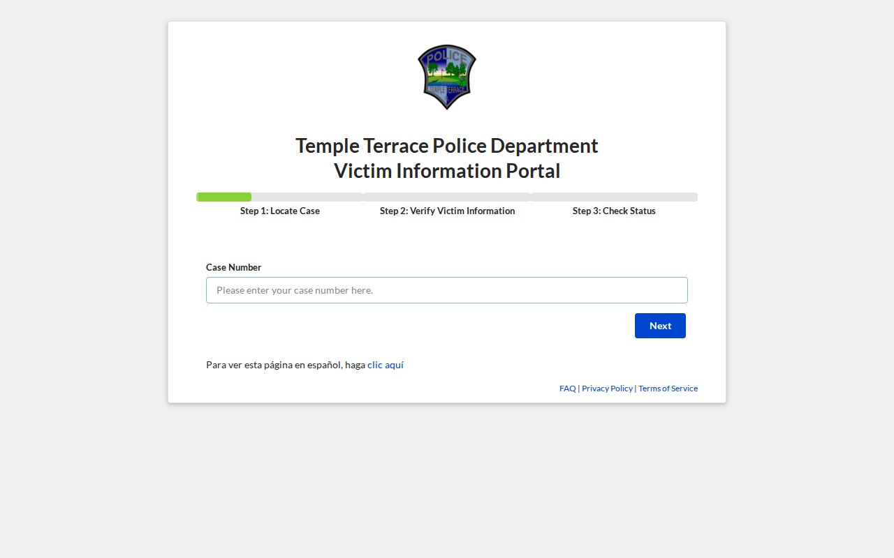 Temple Terrace victim case status page showing case number requirement and update caveat