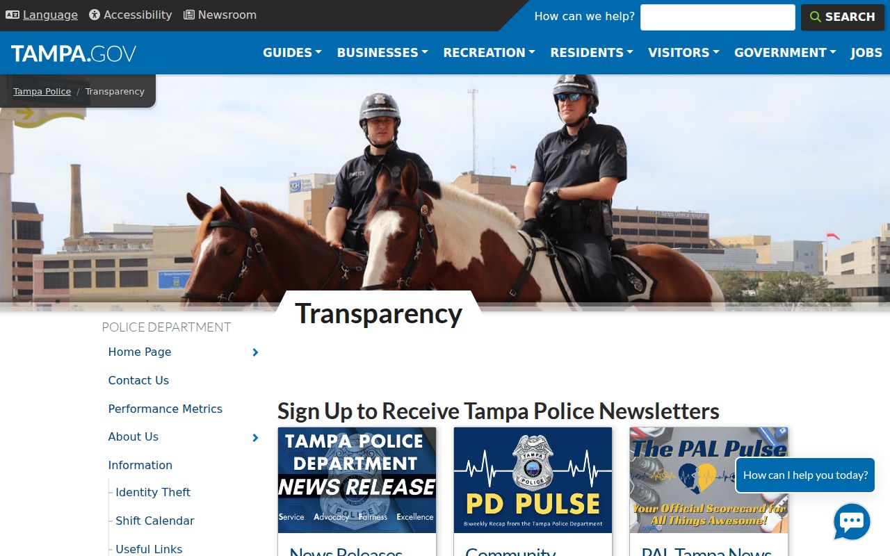 Tampa Police transparency page showing the HCSO booking inquiry route