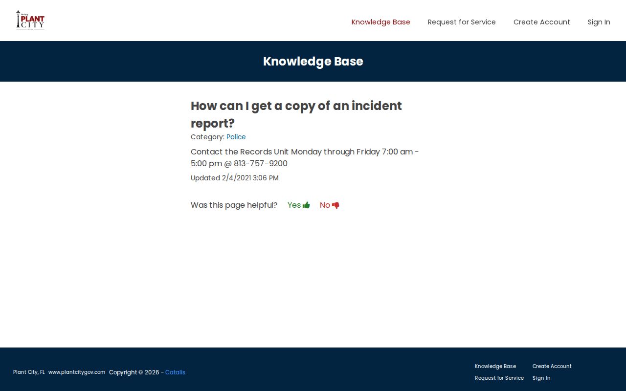 Plant City official instructions directing police report copy requests to the Records Unit