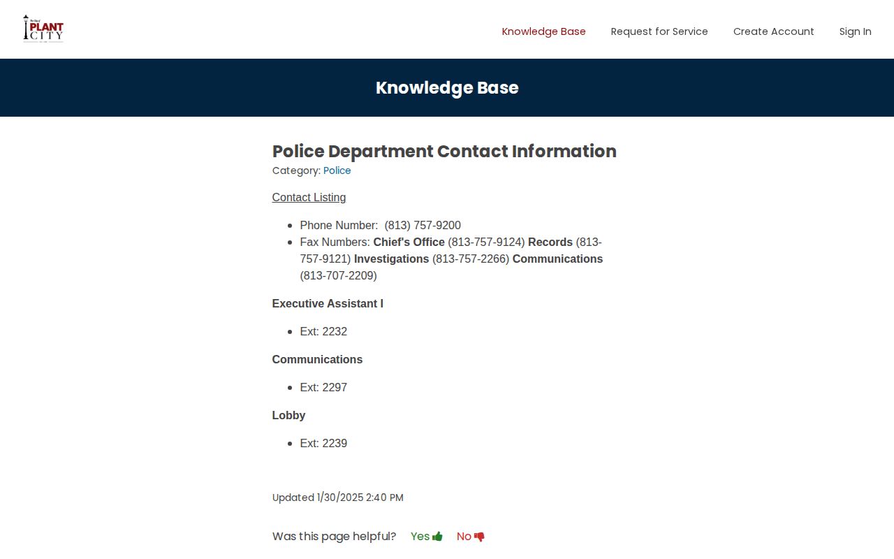 Plant City Police contact page showing Records Unit phone fax and hours