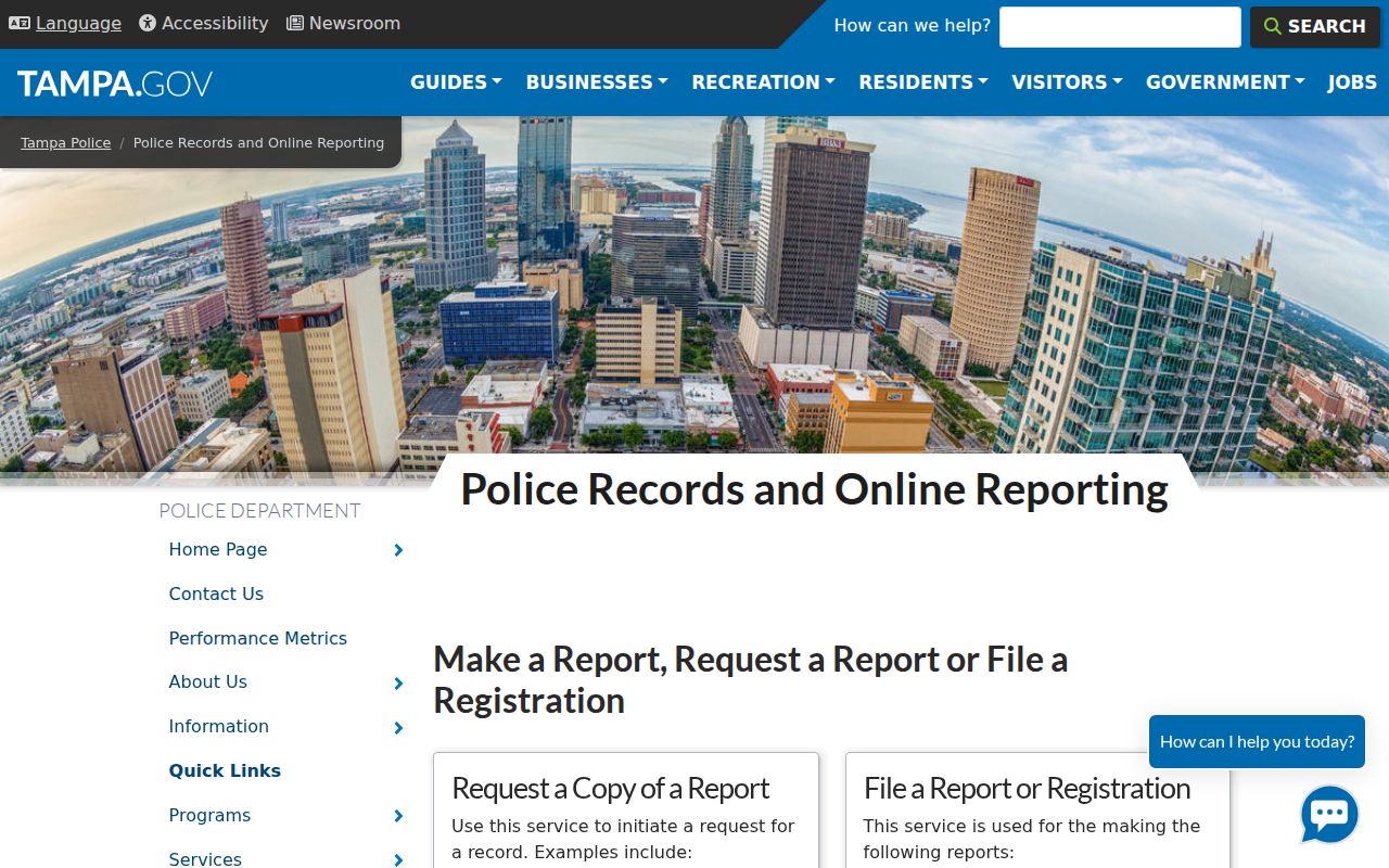 Tampa Police Records page showing report CAD and name arrest record request paths