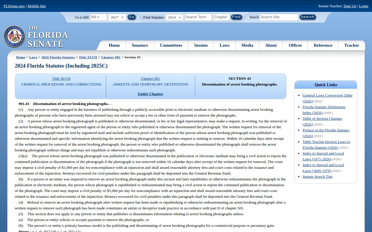 Florida booking photograph removal statute requirements